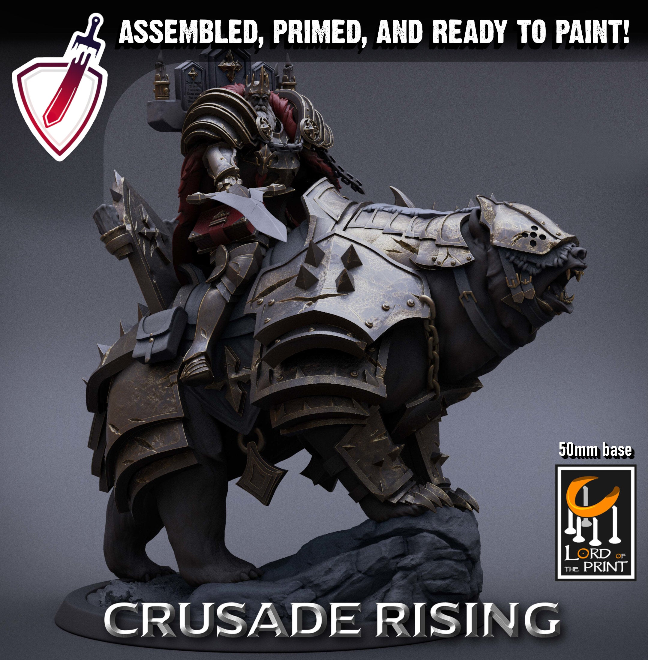 Mounted Templar King | Miniature by Lord of the Print | Resin Mini for Tabletop Gaming, D&D, Pathfinder, Painting | Assembled and Primed - Brush and Battle