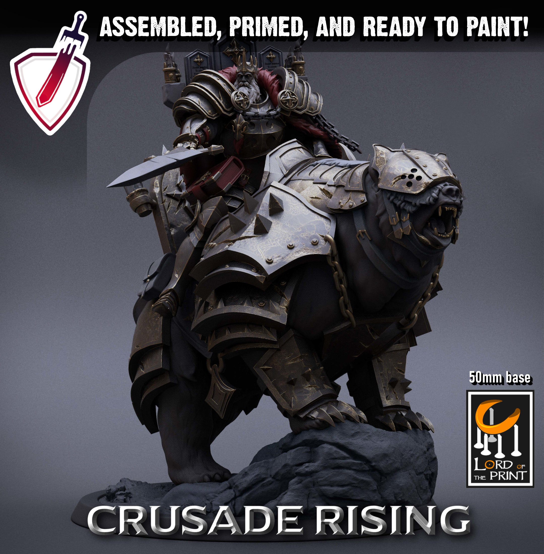 Mounted Templar King | Miniature by Lord of the Print | Resin Mini for Tabletop Gaming, D&D, Pathfinder, Painting | Assembled and Primed - Brush and Battle