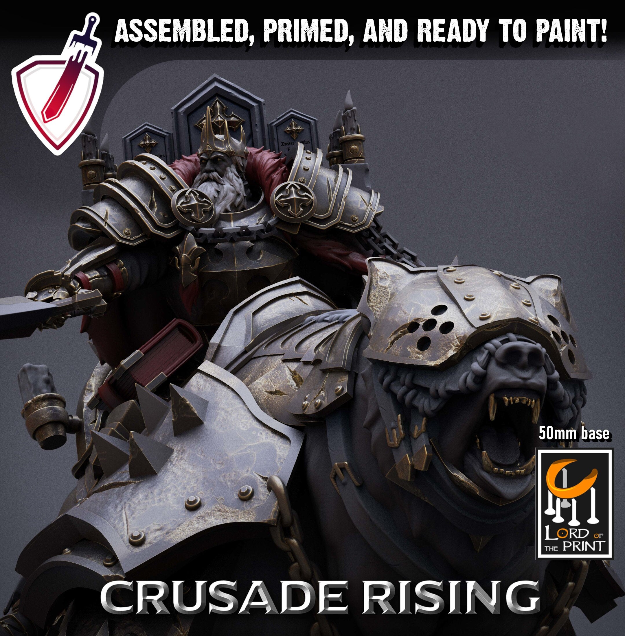 Mounted Templar King | Miniature by Lord of the Print | Resin Mini for Tabletop Gaming, D&D, Pathfinder, Painting | Assembled and Primed - Brush and Battle